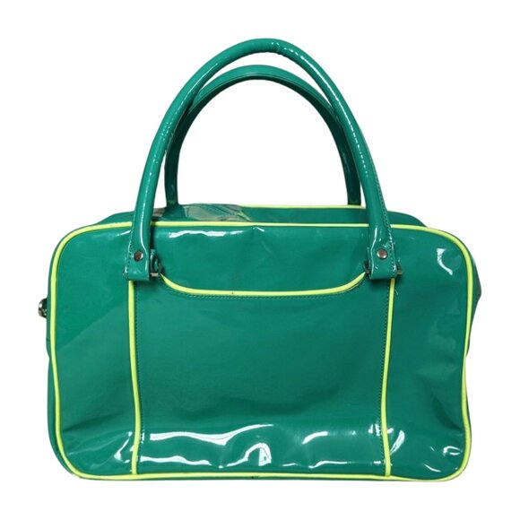 Puma Green Patent Tote Bag | Retro Y2K Gym Duffel Purse with Yellow Trim & Logo - Picture 3 of 9